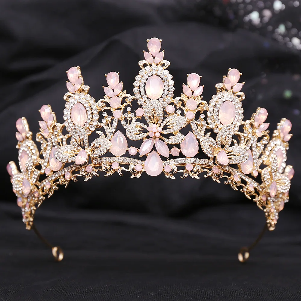 Luxury Pink Opal Royal Queen Wedding Crown Strass Crystal Bridal Diadema Pageant Copricapo Bride Tiara Accessorio Per Gioielli Per Capelli