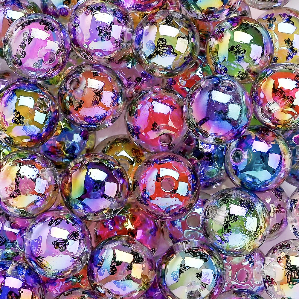 10 Stück 16mm Schmetterlings-Druck Acryl-Rundperlen Bunte UV-Lose-Abstandhalterperlen für DIY Schmuckherstellung Armband Halskette Schlüsselanhänger