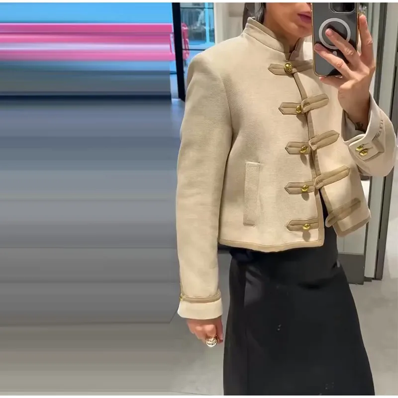 Beige abgeschnittene kurze Jacke für Damen, modisch, Stehkragen, Knebelverschluss, volle Ärmel, Mantel, 2023, Herbst, weibliche Pendel-Oberbekleidung – Detail 10