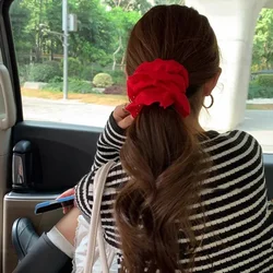 Vintage White Lace Scrunchy - French - Inspired Hair Accessory with Leather Band (Red)