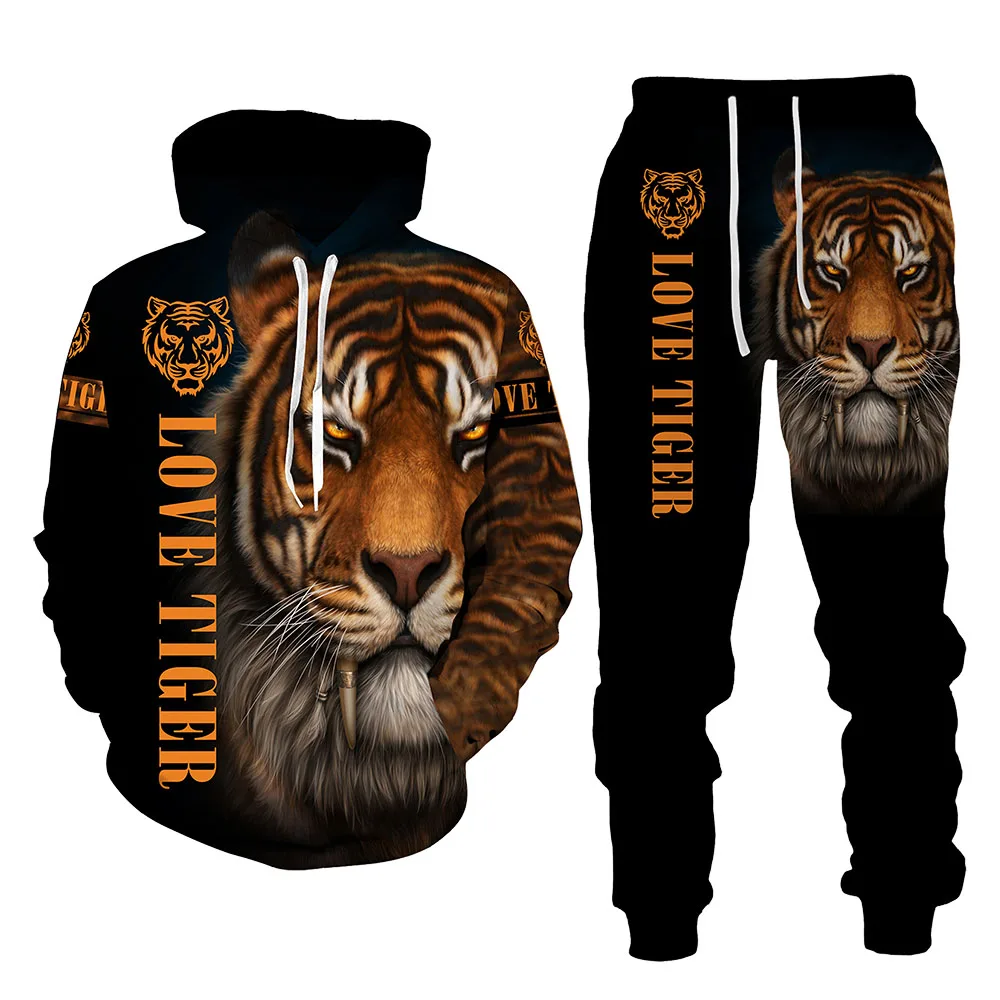 Animal 3D Tiger Printed Hoodie Long Pants Suit Men Hooded Jacket Set 2 Piece Tracksuit Set Autumn Casual Hoody Men's Clothing
