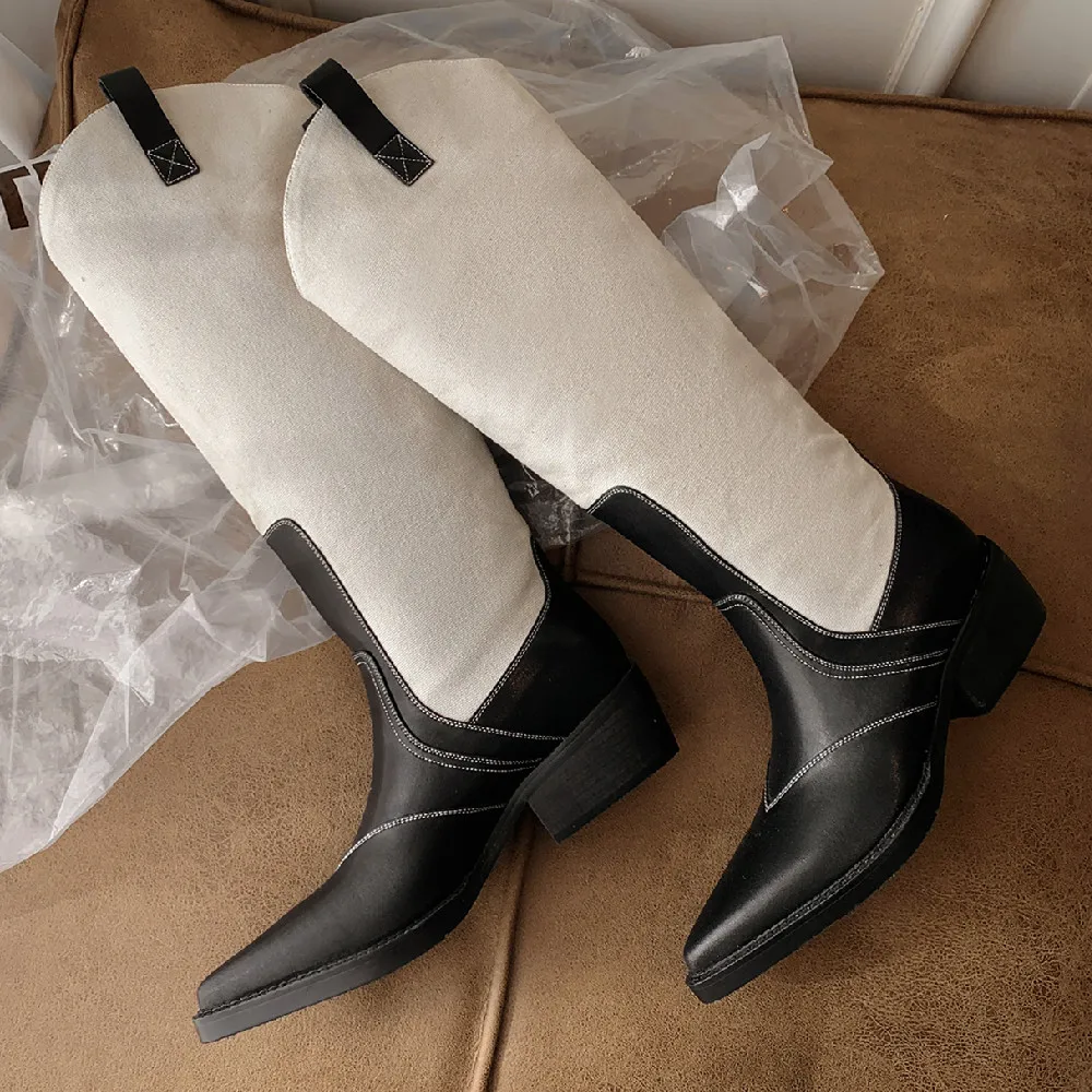 

Женские осенние сапоги до колена danxuefei из натуральной кожи с лоскутным шитьем и заостренным носком, без застежки, новинка 2023, осенние длинные сапоги