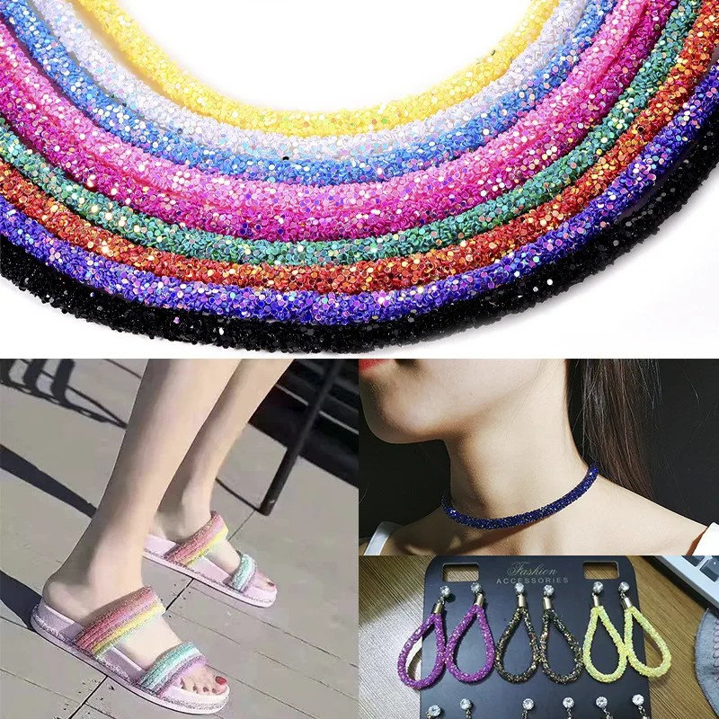 1Yard 6mm Glitter Sequins Rhinestones Soft Tube Cord Rope String for DIY Clothing Shoes Hat Jewelry Bracelet Party Decoration