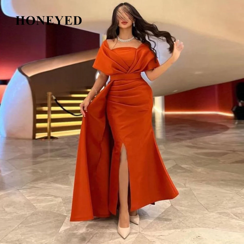 

Honeyed Formal Evening Dresses Satin Mermaid Off The Shoulder Slit Pleat Floor Length Vestidos De Noche فساتين مناسبة رسمية