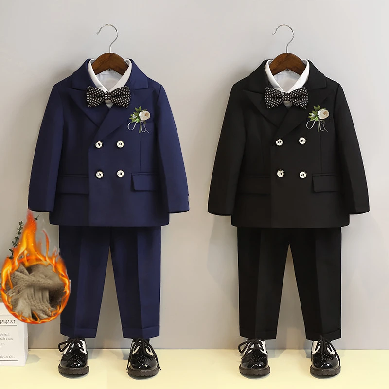 Suit for Boys Winter Fleece Warm Flower Kids Wedding Banquet Performance Clothes Black Thicken Children Blazer Set 1 To 12 Years