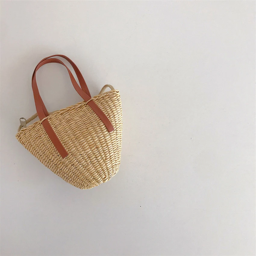 Chic Style Children's Wheat Straw Sunhat Handbag Leather Rope Flat Top Sunscreen Straw Bags Summer Holiday Beach Hat Bags 6