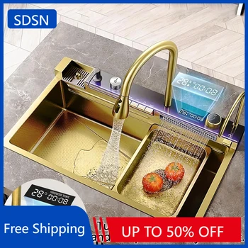 จอแสดงผลดิจิตอลอ่างล้างจานชามเดียวสแตนเลสน้ําตกอ่างล้างจานดิจิตอลร้อนเย็นดึงออกก๊อกครัวดิจิตอล 1