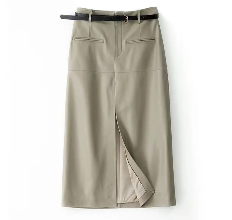 

Genuine Leather Skirt Spring And Autumn New Product Sheepskin High Grade Elegant Slimming Straight Split Split Suit Skirt Long H
