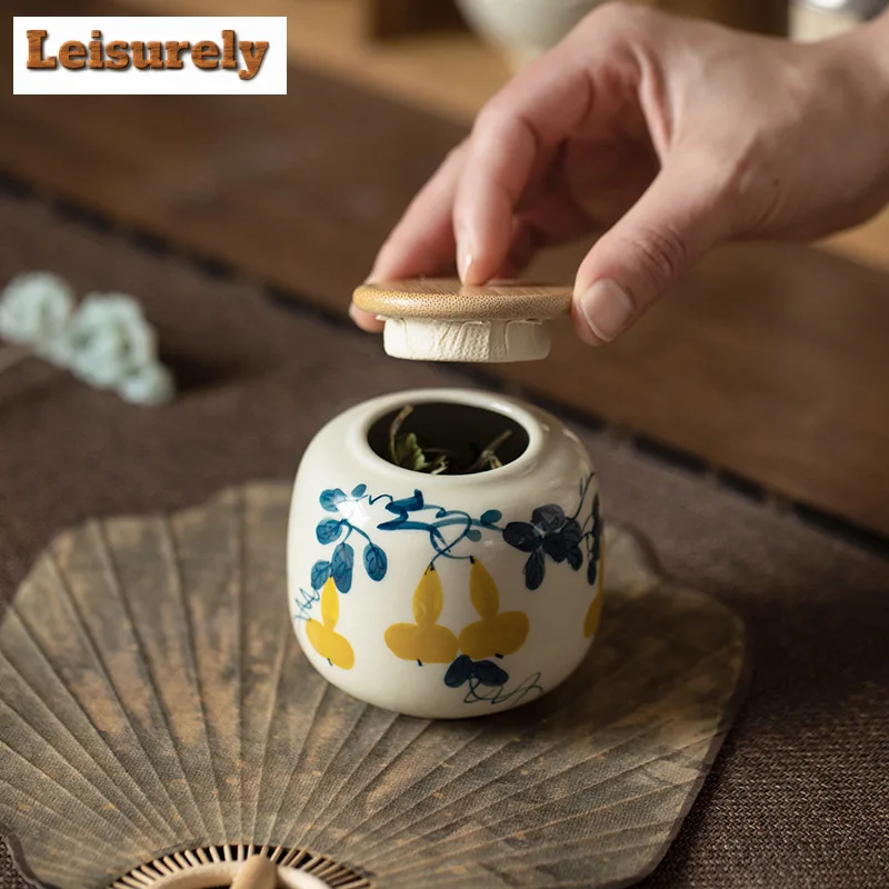 225ml Hand-painted Lotus Tea Box Organizer Japanese Grass Wood Gray Storage Tank Containers Tea Caddy Dahongpao Cha Decoration
