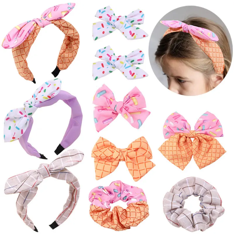 

2PCS Doughnut Print Hairbands Fashion Lattice Headband For Gilrs Cute Bow Hair Hoop Hair Clips Ponytail Holder Scrunchies