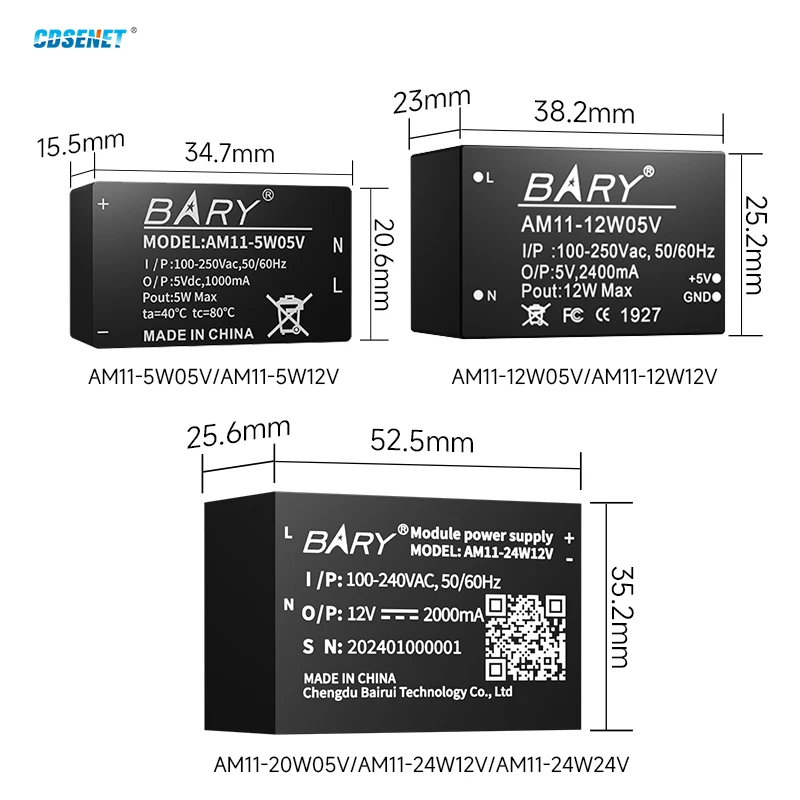 Alimentation de commutation 100V 250V à 5/12/24V AC-DC, série AM11/AM21-V CDSENET 5/12/24/36W, Module de tension abaisseur 1000mA