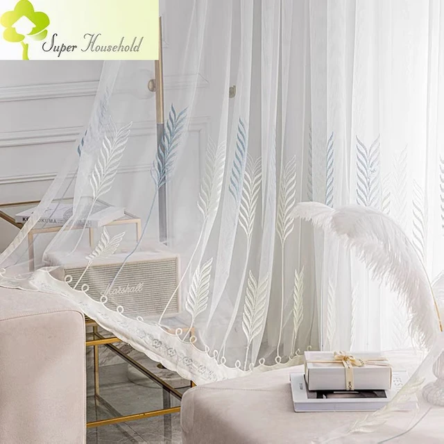 Tende ricamate nordiche bianco trasparente per soggiorno camera da letto  pianta Beige Voile drappo balcone divisorio