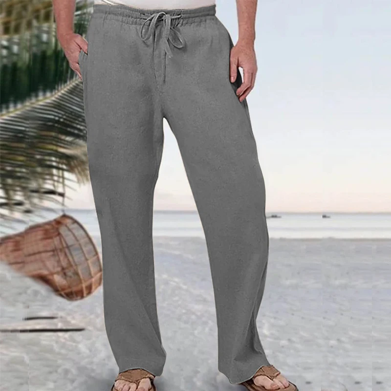 2024 Men's Cotton Linen Trousers Fashion Solid Color Elastic Waist Loose Straight Leg Pants Cropped Trousers Summer Casual Pants