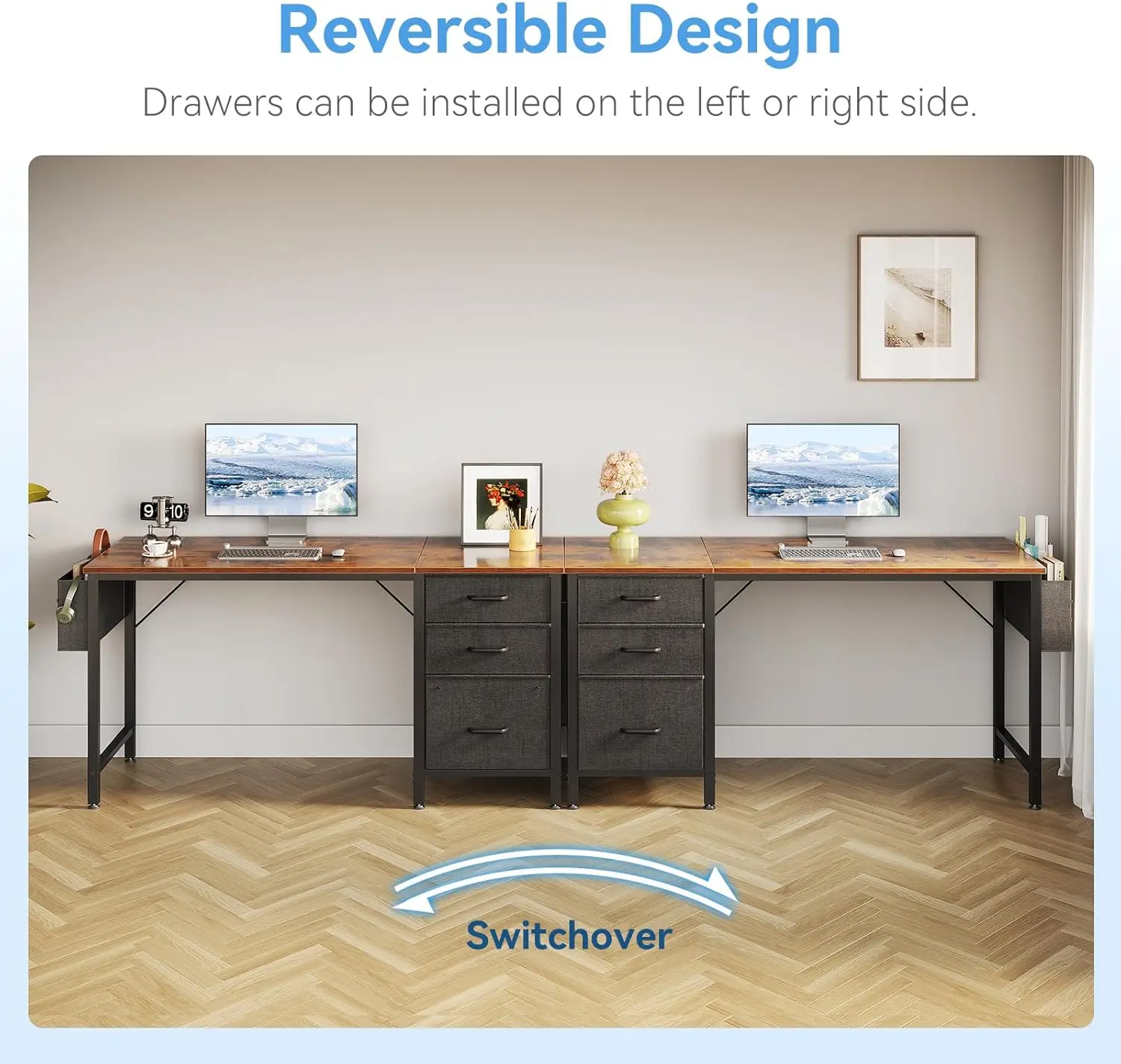 48" Home Office Desk with Fabric Drawers, File Cabinet, Storage Bag & Hook, Writing Table for Small Spaces - Vintage