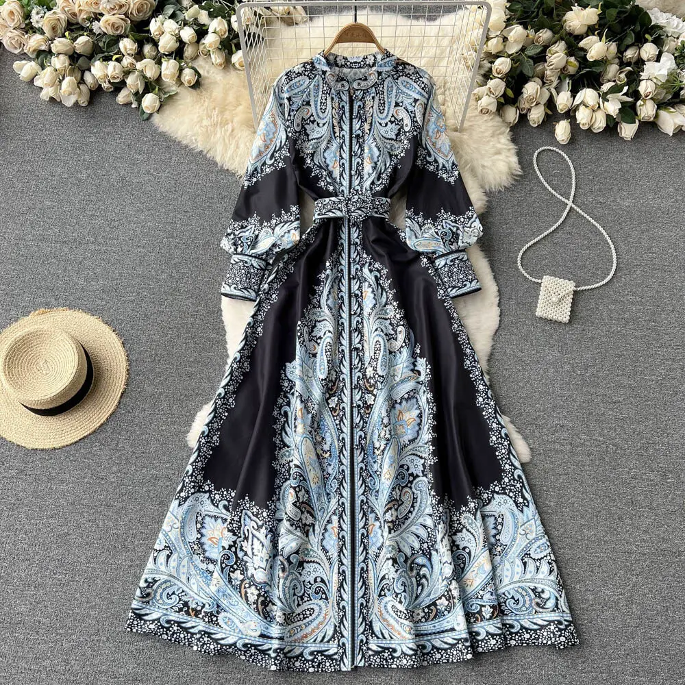 Nuevo vestido de fiesta vintage para mujer, moda de manga larga, botonadura sencilla, cuello alto, elegante, estampado, vestidos largos, primavera y otoño.