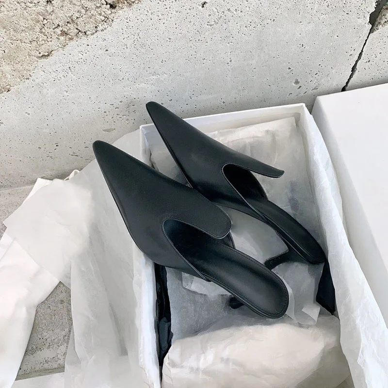 French Pointed Toe Slim Heel Cat Heel Muller Shoes Women's 2023 Summer New Genuine Leather Baotou Half Slippers Women's Shoes