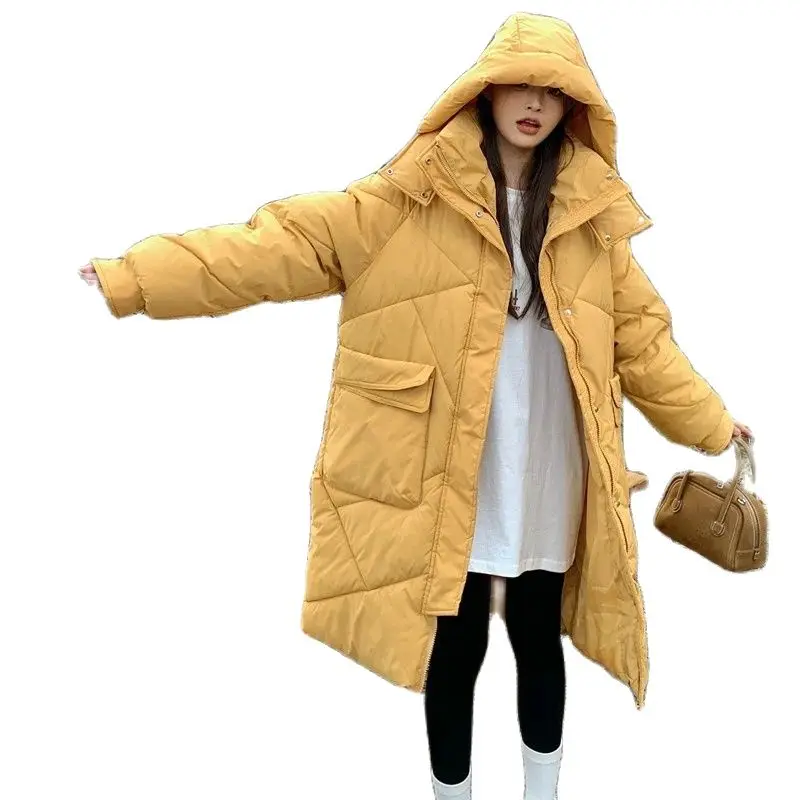 

Winter New Thick Warm Down Cotton-Padded Jacket Slim Simple Coat Long Loose Joker Fashion Pocket Casual Solid Color Outcoat