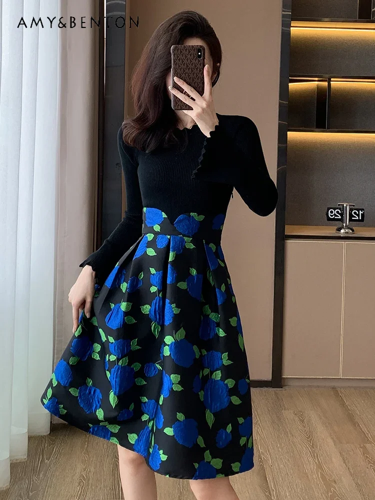 

Tweed Black Knitted Sweater Stitching Printing Dresses Women Winter New Elegant Socialite High-Grade Slim A-line Midi Dress