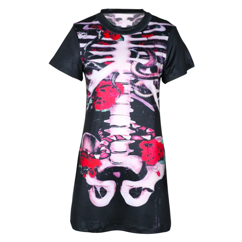 Halloween Women's Gothic Skull Bones Cosplay Party Costume Skeleton Printed Short Sleeve Mini Dress Horrible Streetwear