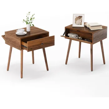 Mid Century Style Hidden Compartment Walnut Nightstands with Drawer for Bedroom and Living Room Concealment Furniture with Hidd 1