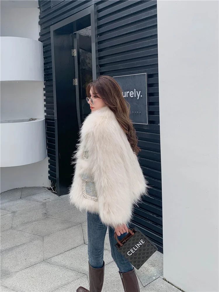 Raccoon Dog Fur Woven Fur Coat for Young Women Short Pearl Rough Weave Winter Sexy Club Thick Warm Fur Knitted 4 Pockets Jackets