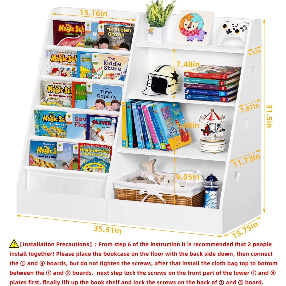 4 Tier Kids Bookshelf and Storage Organizer, Five Layer Sling Children Bookcase, Baby Toddler Wooden Book Shelf