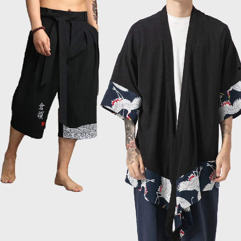 

Summer Men's Set Kimono Jackets Cardigan Men Pants Lightweight Casual Cotton Blends Linen Seven Sleeves Open Front Hanfu Coat