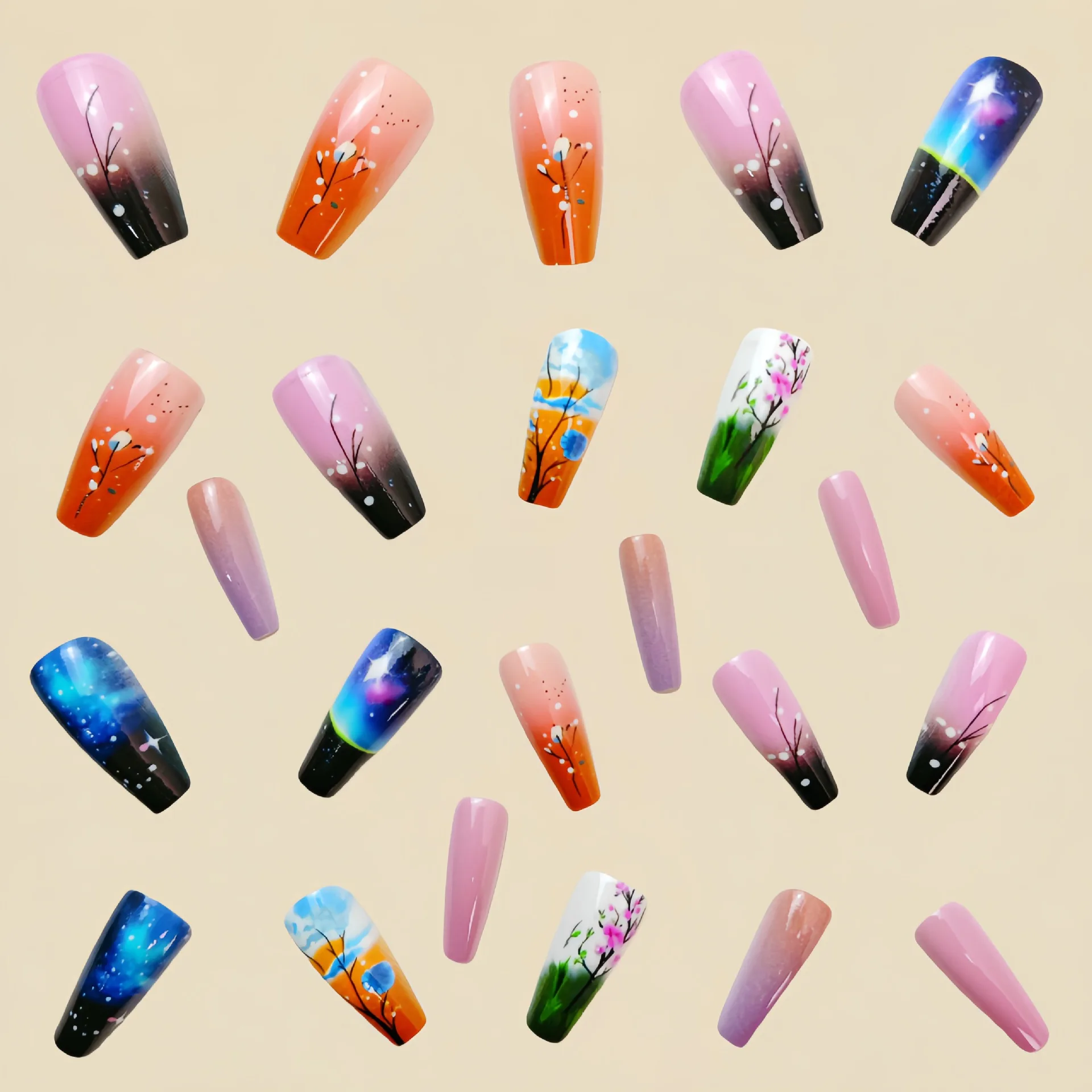 24 Stück/Set Mittellange Künstliche Nägel Quadratische Ballett-Nagelspitzen Glitzernde Sternenhimmel-Mond-Stern-Feder-Design Aufklebenägel Falsche Nagelkunst – Detail 13