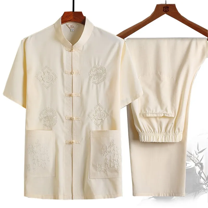 Chinese Style Men's Short Sleeve Shirt Set Middle Aged And Elderly Casual Wear Grandpa Button Hanfu Large Size Shirt Tang Suit