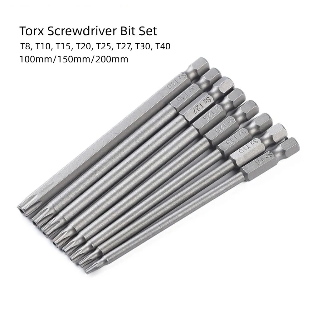 8PCS 1/4인치 Torx 스크루드라이버 비트 세트 T8-T40 100mm 150mm 200mm 육각 헤드 알렌 렌치 드릴 비트 세트 스크루드라이버 소켓 비트