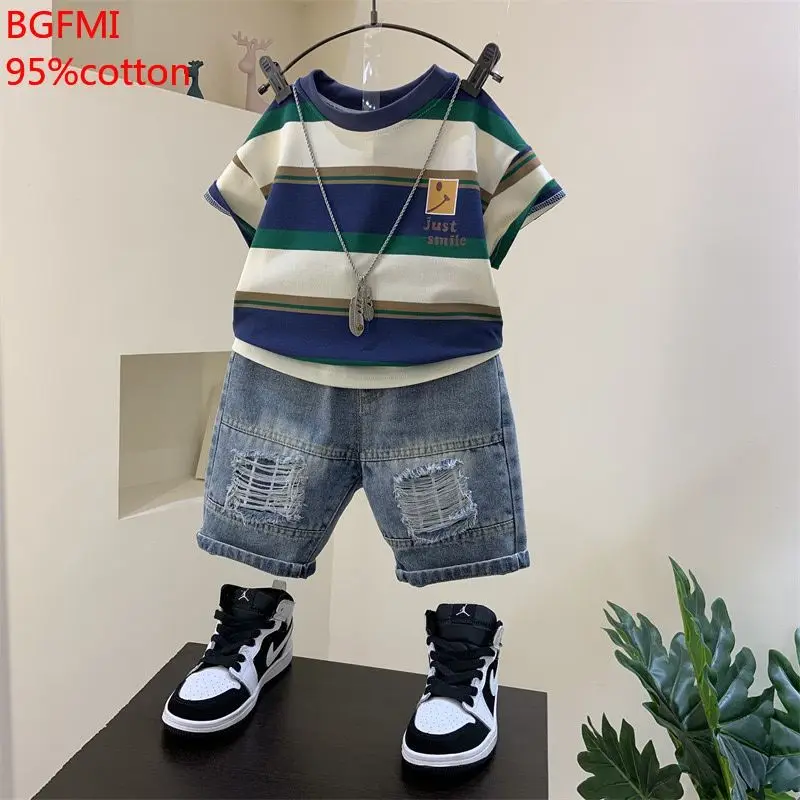 Baby Boys Clothing Children Summer Teenage Clothes Toddler Stripe Cotton T Shirt+hole Denim Shorts 2pc Sets Kids Sports Outfits