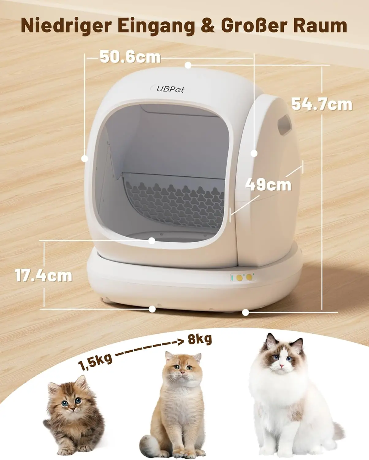 UBPet C20 セルフクリーニング猫トイレ、広口/広い空間/低入口/アプリ