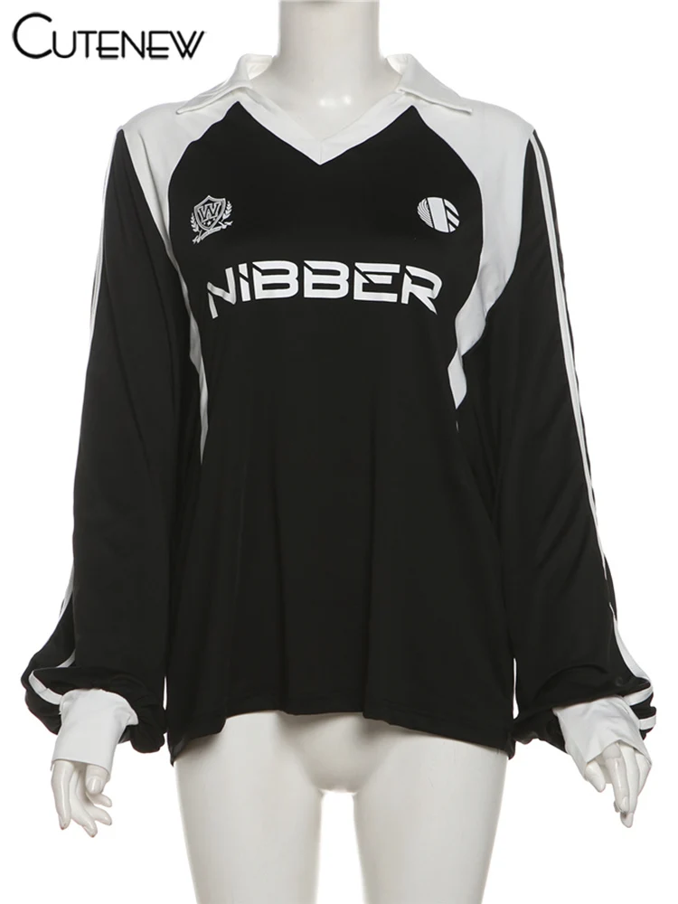 Casual Women Sweatshirts Panelled Letter Print Lapel Stripe Oversized Track Tops Female Basic Autumn New Streetwear Tees