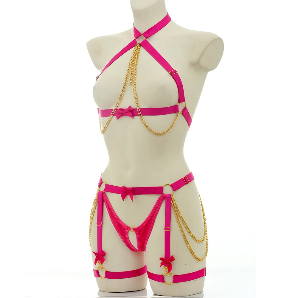 Women Open Bra Bow Harness Hollow Erotic Lingerie Set Sexy Underwear Suit Corset Harajuku Body Chain Bondage Harness Suspender
