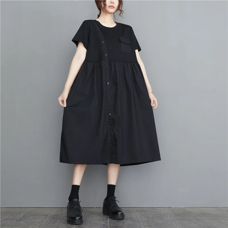

2023 New Arrival Short Sleeve Patchwork Dark Black Chic Girl's Summer T-shirt Dress Office Lady Work Dress Women Casual Dress