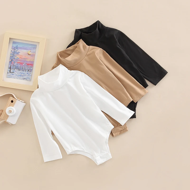0-24M Baby Boys Girls Romper Toddler Infant Solid Color Long Sleeve Turtleneck High Stretch Bodysuit 2