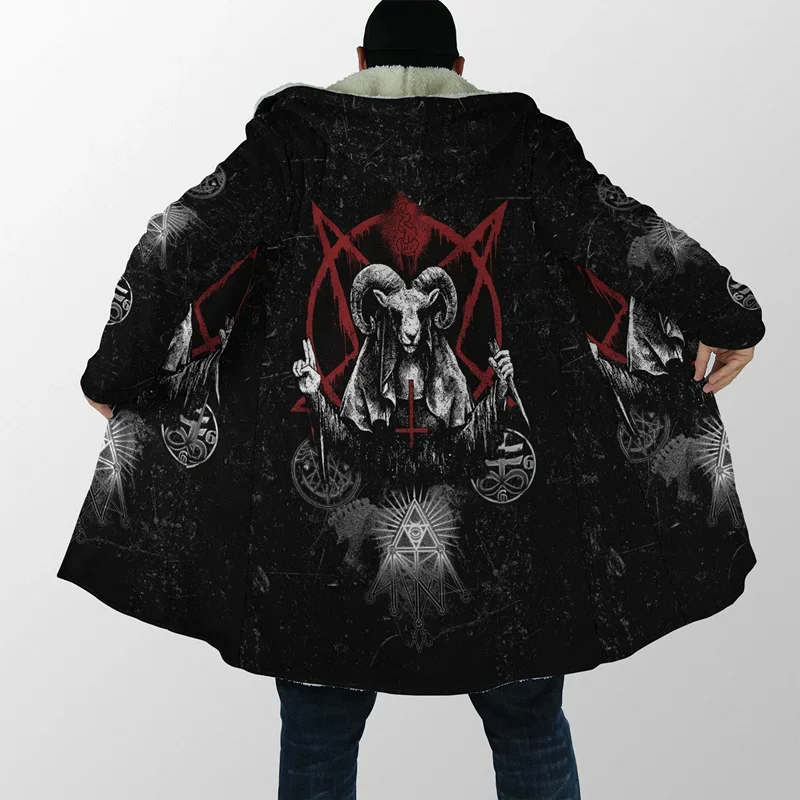 Men's Hooded Cloak Satan Demon Tattoo Skull 3D Printing Winter Fleece Trench Coat Unisex Casual Thicken Warm Hooded Cloak H008