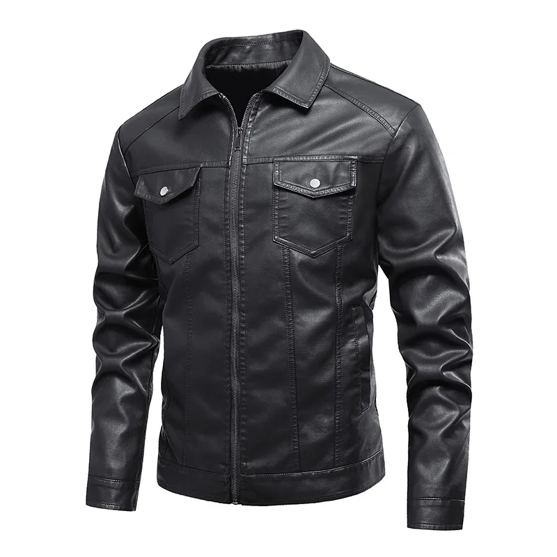 Men's Leather Jacket Motorcycle Windproof Multi Pocket Tactical PU Coat Fashionable and Versatile Solid Color Men's Leather Coat