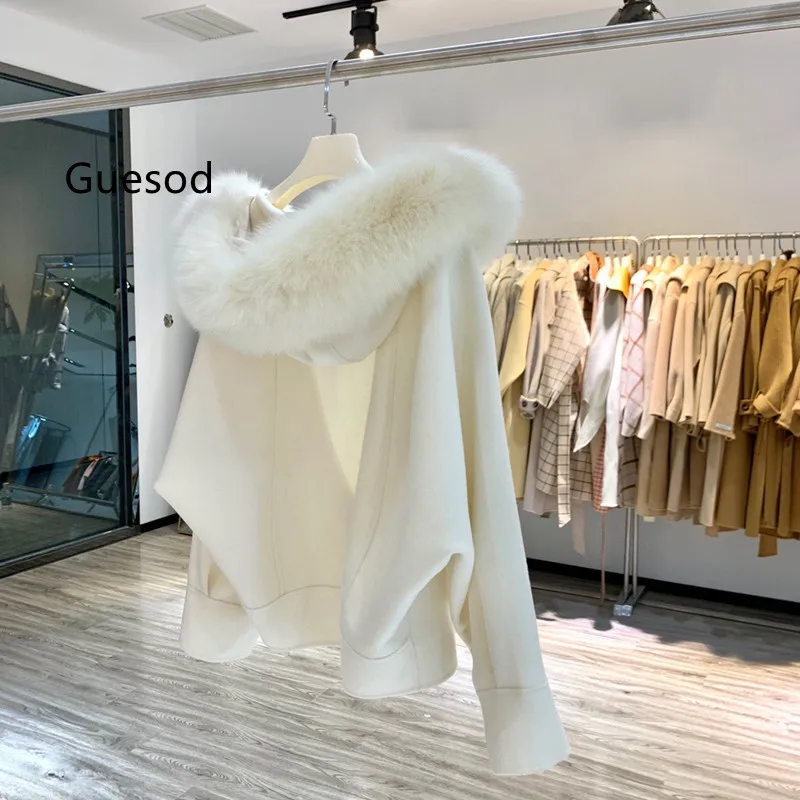 

Fashion Women French Art Luxury Fox Hair Collar Hooded Top Quality Top Wool Coat Outerwear Female New Arrive