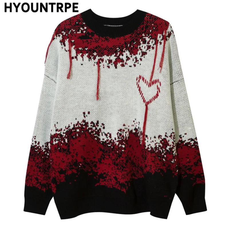 Mens Hip Hop Streetwear Knitted Sweater Pullover Embroidery Tassel Sweater Autumn Harajuku Cotton Casual Tops Sweaters Pullovers