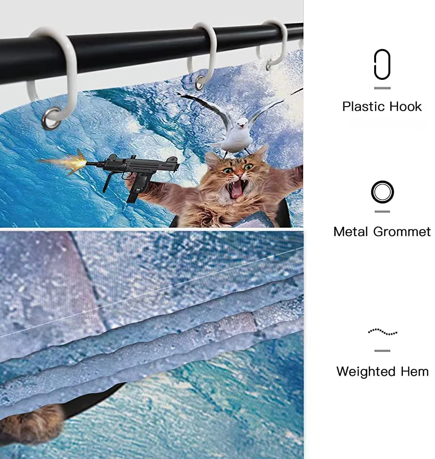 Funny Shower Curtain Cute Sea Cat Riding Shark Whale Cartoon Animal Creativity Kids Bathroom Decor Polyester Fabric Cloth Hooks
