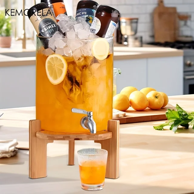 5L Glass Beverage Dispenser with Stand - Clear Drink Dispenser with Spigot Needed Durable Glass & Wood Base for Parties Bar 2