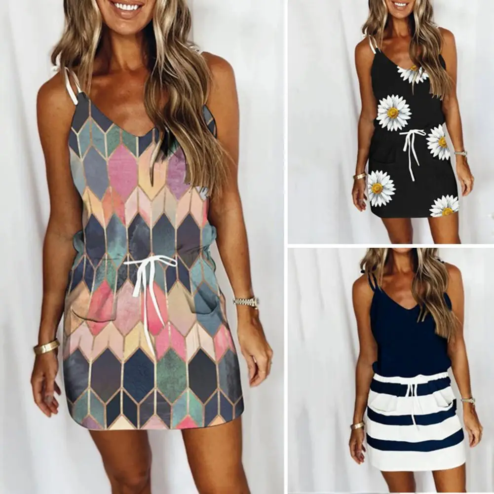 

Sleeveless Dress Soft Dress Geometric Flower Print Strappy Dress Backless Sleeveless Slim Fit V Neck Mini Sundress