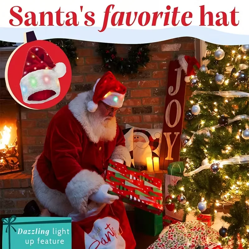 Plush Christmas Hat Merry Christmas LED Light Hat New Year Red Santa Claus Hat for Kids Adult Xmas Gift Parent Child Hat