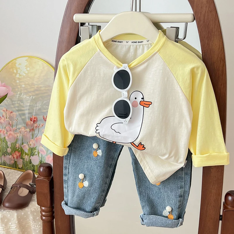 Loose Bottoming Shirt Contrast Cartoon Cute T-shirt 0-13Years Boys Girls Spring Clothing Kids Long Sleeve Casual Sports Tops
