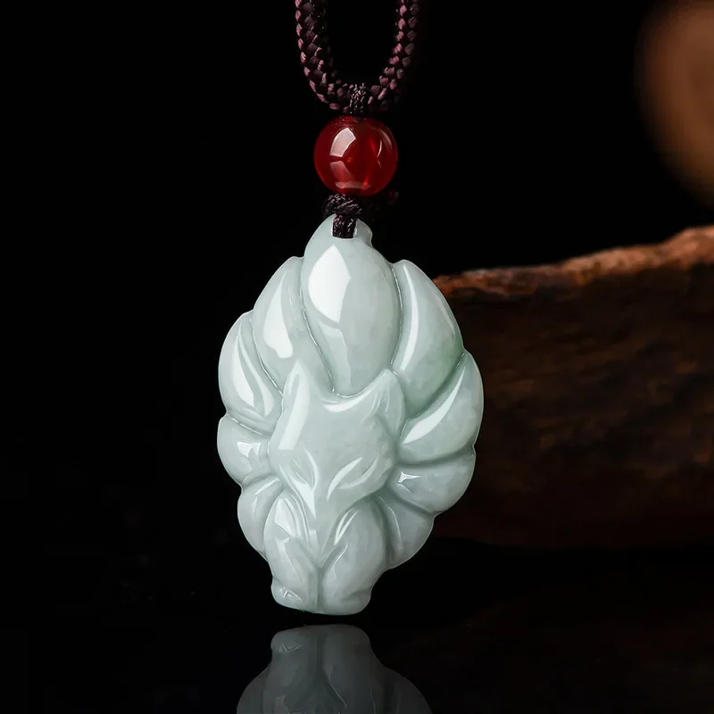 Natural A Cargo Emerald Light Green Nine -tailed Fox Pendant Fox Fairy Necklace Glutinous Jade Pendant Flower Pieces FemaleModel