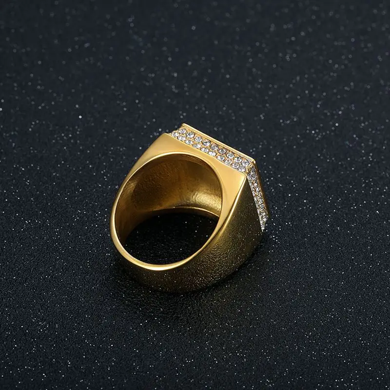HIP hop Signet Ring for Men, gold color Square Top Stainless Steel rhinestone Finger Band, Gothic Punk Rock Boy Stamp Rings 5