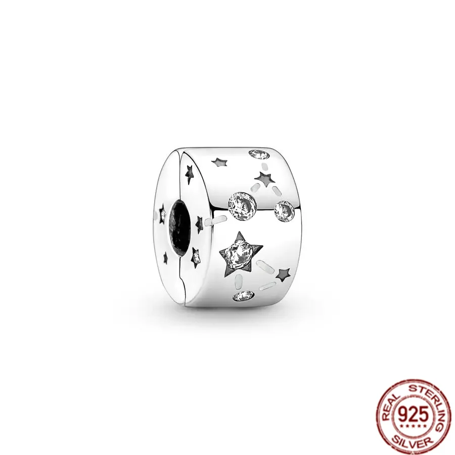 925 Sterling Silver Pavé Assimétrica Estrela e Lua Crescente Charme, Cadeia de Segurança Beads Jóias, se Fits Original Pulseira Pandora