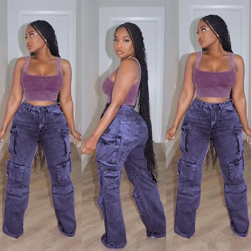 

Fashion Elastic High Waist Button Fly Loose Jeans Women Birthday Trousers Streetwear Bottoms Multi 3D Pockets Denim Cargo Pants