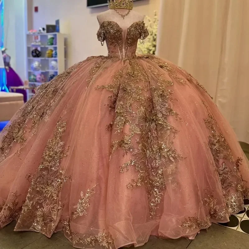 Off Shoulder Sleeveless Gold Sequins Appliques Bow Knot Pink Sweet 16 Quinceañera Dresses WQ1395